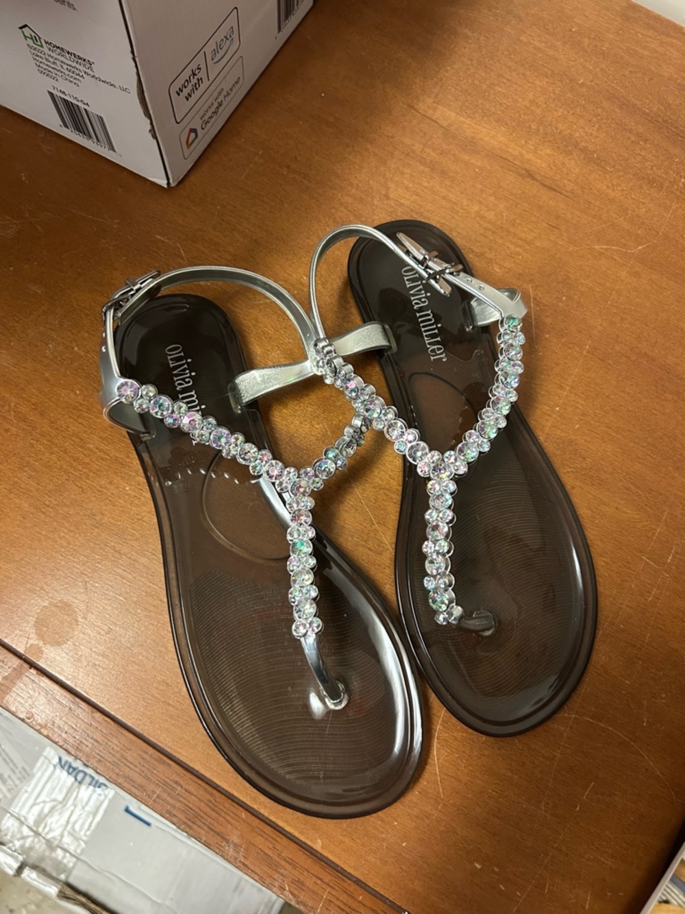 Olivia Miller Silver T-Strap Jelly Sandals with Iridescent Rhinestones